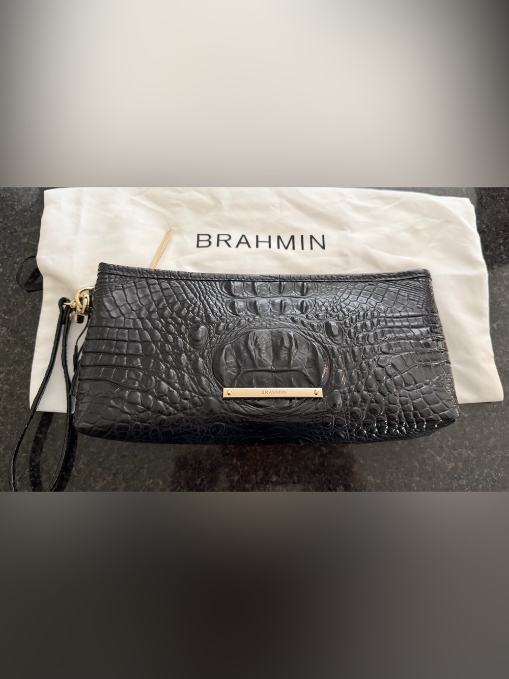 Brahmin Black Croc-Embossed Leather Wristlet with Gold Plate